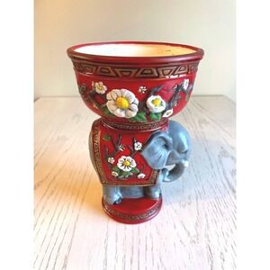 1970's Vintage Ceramic Elephant Planter Red Floral Decorative Tabletop‎ Accent